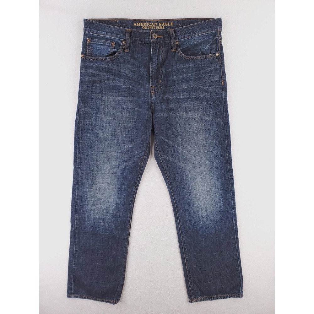 American Eagle Jeans Mens 34x30 Relaxed Straight Pants Y2K Dark Whiskering Baggy